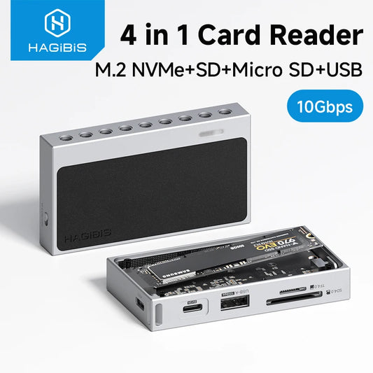 HAGIBIS 4-in-1 card reader device shown in two views on a light gray background with product text overlays. The device has a silver metal body with a black front panel, and the lower view shows internal storage slots and ports with inserted cards.