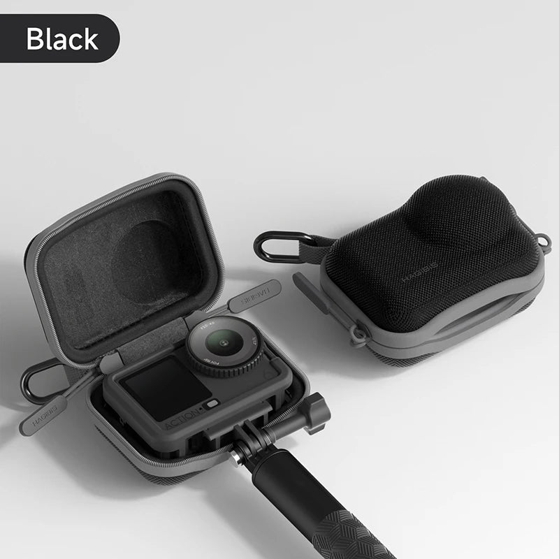 Black camera case with a camera inside on a light gray background