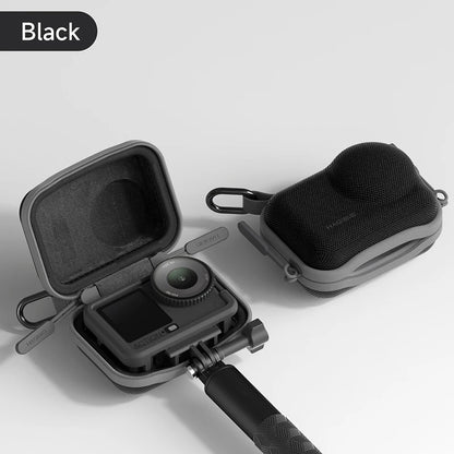 Black camera case with a camera inside on a light gray background