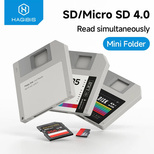 Hagibis SD/Micro SD 4.0 card reader with mini folder on a white background