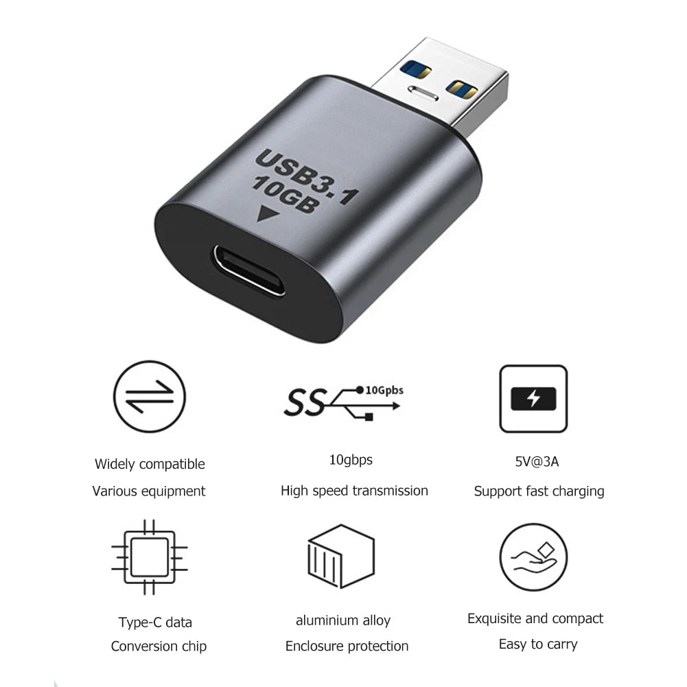 USB 3.1 to Type-C adapter with features listed on a white background