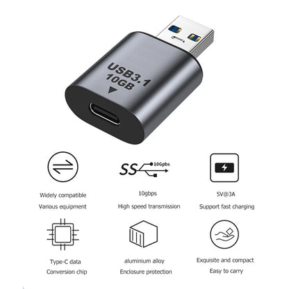 USB 3.1 to Type-C adapter with features listed on a white background