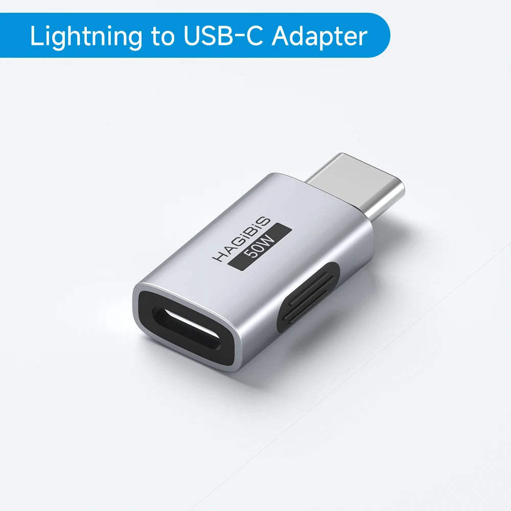 Lightning to USB-C adapter with 'HAGIWI' branding on a white background