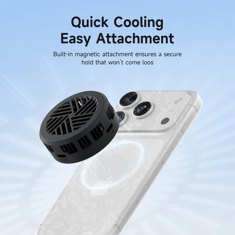 Black magnetic attachment on a phone case with text about quick cooling and easy attachment.