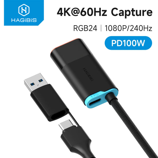 HAGIBIS USB-C to USB-C cable adapter with a black body and bright blue accent, shown with a USB-A connector and a USB-C connector on a white background with product text overlays.