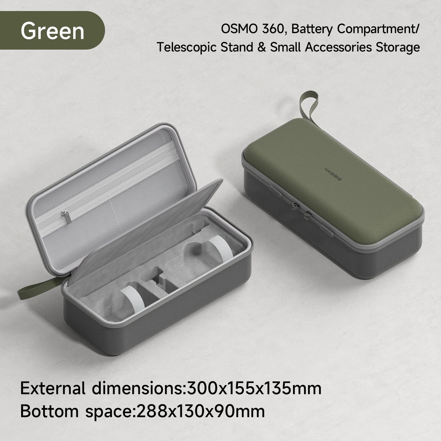 Green carrying case with open compartment on a light gray background