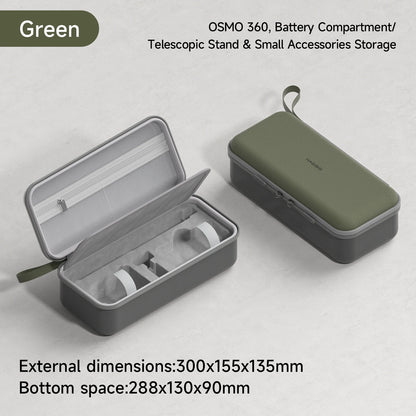 Green carrying case with open compartment on a light gray background