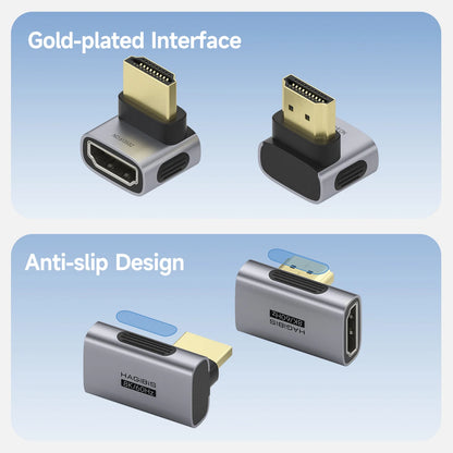HDMI adapter with gold-plated interface and anti-slip design on a blue background