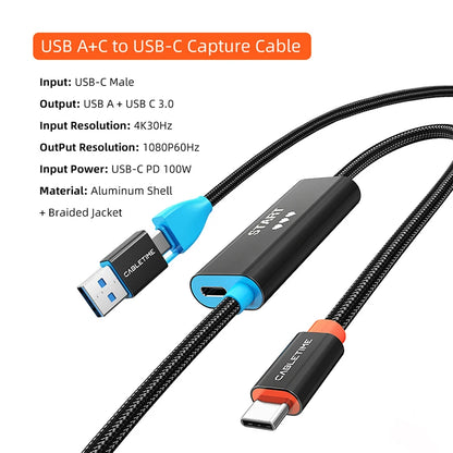 CABLETIME 2-in-1 USB-C Video Capture Cable 1080P 60Hz 100W PD