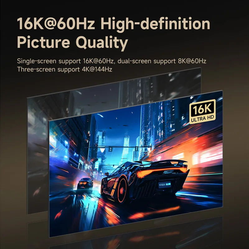 Display of a high-definition screen with a car racing scene and 16K Ultra HD branding.