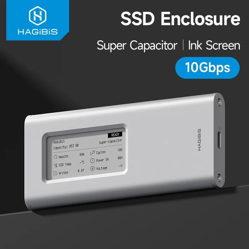 SSD enclosure with digital display on a dark background, featuring the Hagibis brand.