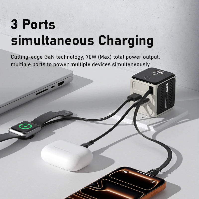 Charging adapter with multiple devices connected on a light gray background