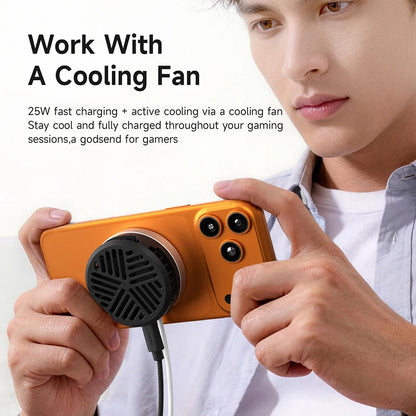 Person holding a gaming device with a cooling fan attached, promotional text about charging and cooling features.