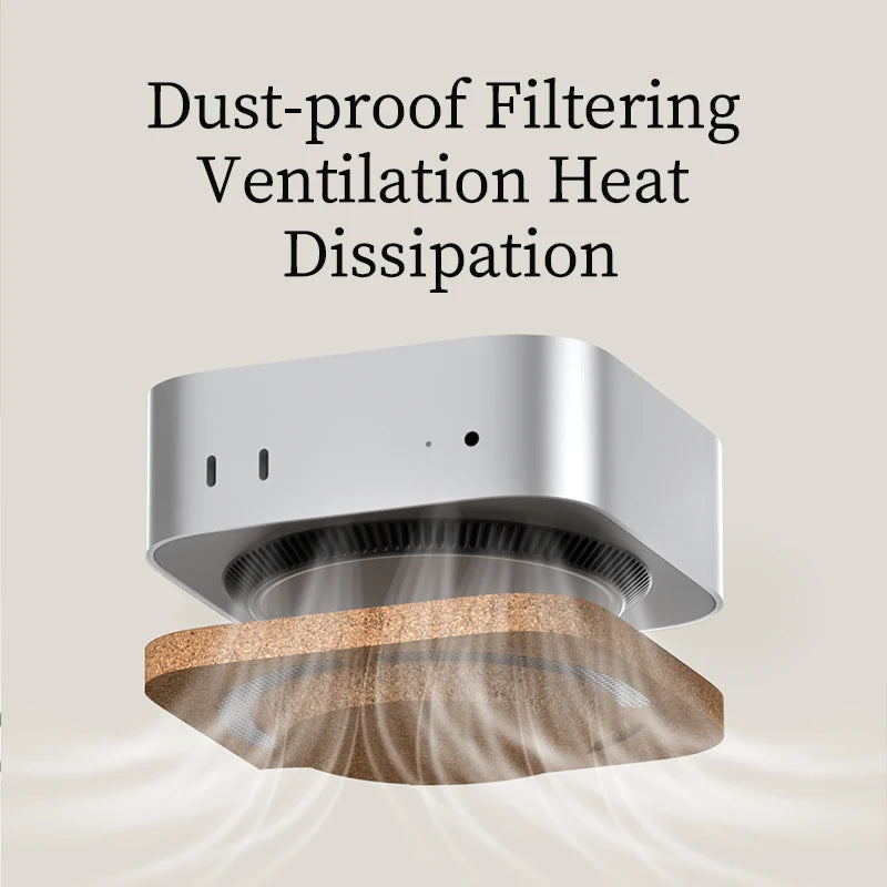 Ventilation system with text 'Dust-proof Filtering Ventilation Heat Dissipation' on a light background