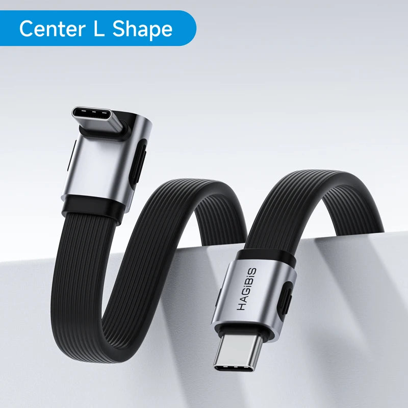 Two black and silver HAGiBO USB cables with 'Center L Shape' feature on a light gray background.