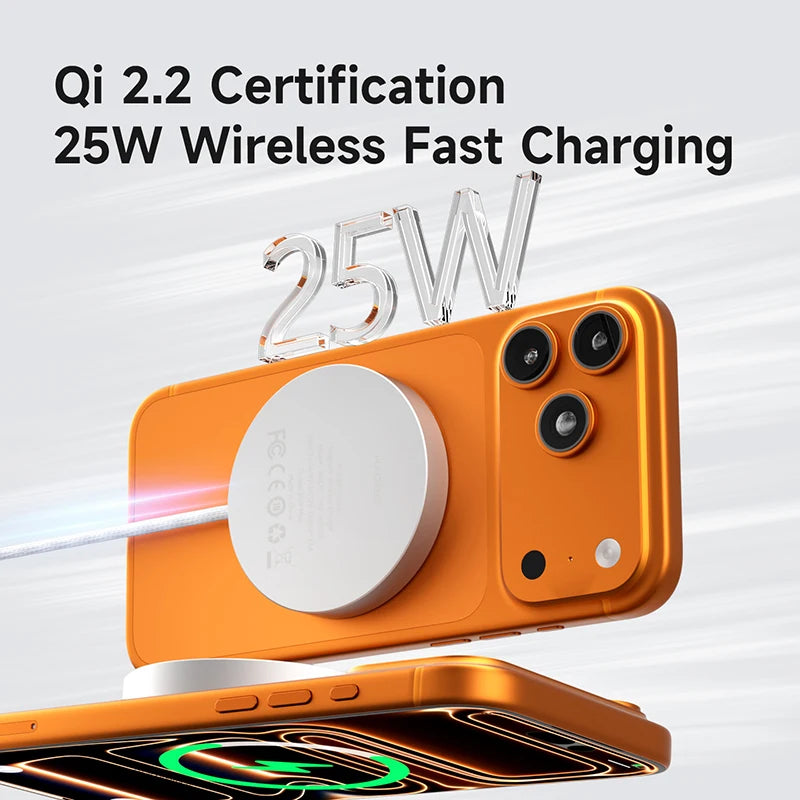 Orange smartphone with wireless charging pad and '25W' text on a white background