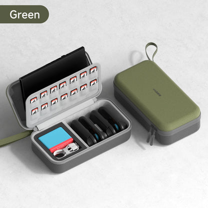 Green travel case with compartments for electronic devices on a light gray background