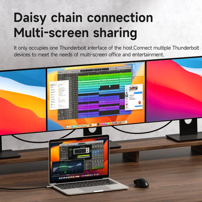 Multi-monitor setup with laptop and mouse on a desk, showcasing Daisy chain connection and multi-screen sharing.