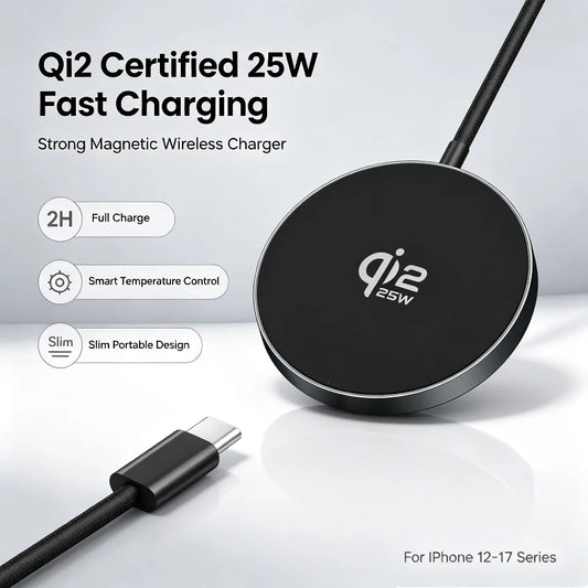 Qi2 25W magnetic wireless charger in black with a silver logo, shown with a black USB-C cable on a light gray background with product feature callouts.