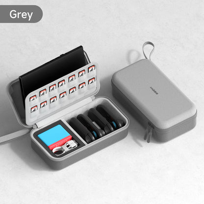 Gray travel case with open compartment containing small items on a light gray background