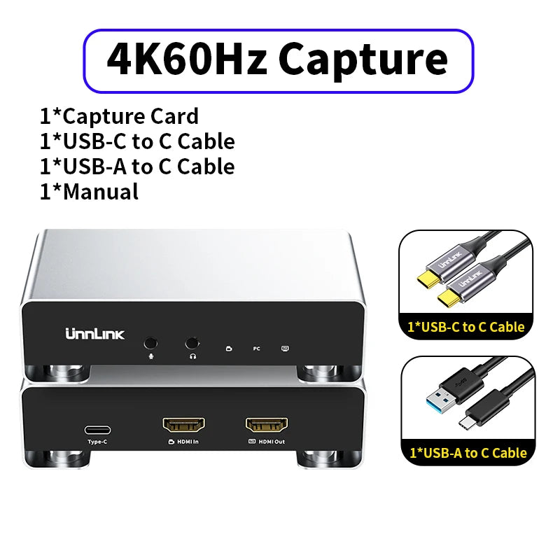 UnnLink capture card with HDMI and USB-C ports, cables, and manual on a white background