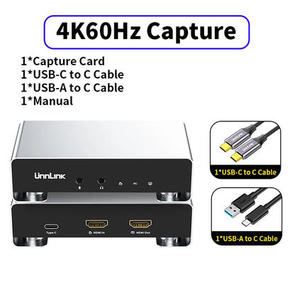 UnnLink capture card with HDMI and USB-C ports, cables, and manual on a white background