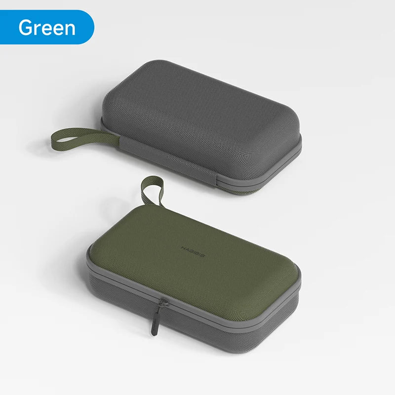 Two carrying cases, one green and one gray, on a light gray background.