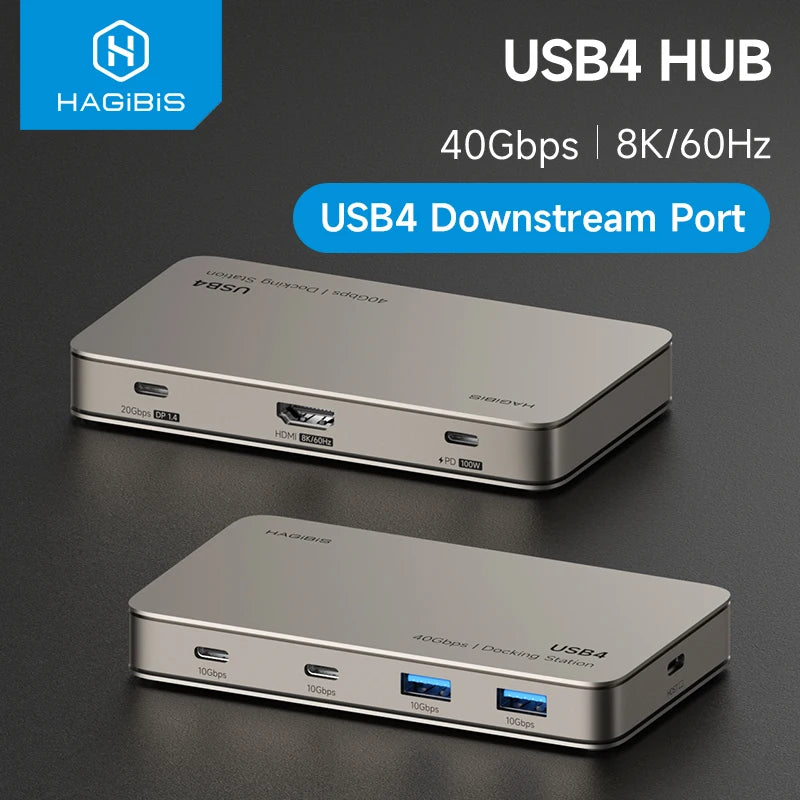 USB4 hub with multiple ports on a dark background, featuring the Hagibis brand.