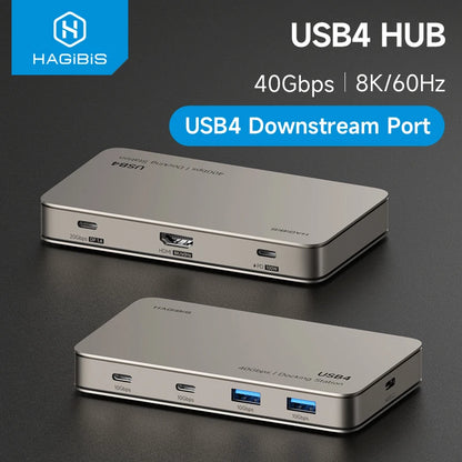 USB4 hub with multiple ports on a dark background, featuring the Hagibis brand.