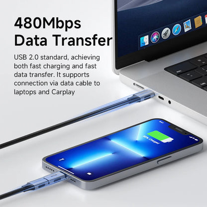 Phone being charged and data transferred via a cable to a laptop with text about data transfer speed.