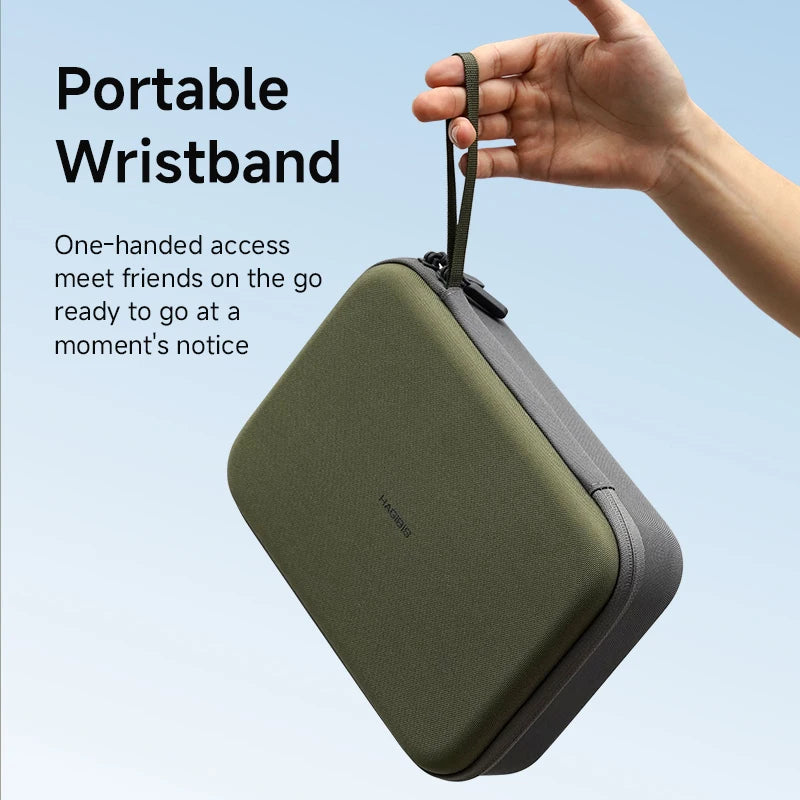 Green portable wristband case held by a hand with text on a light blue background