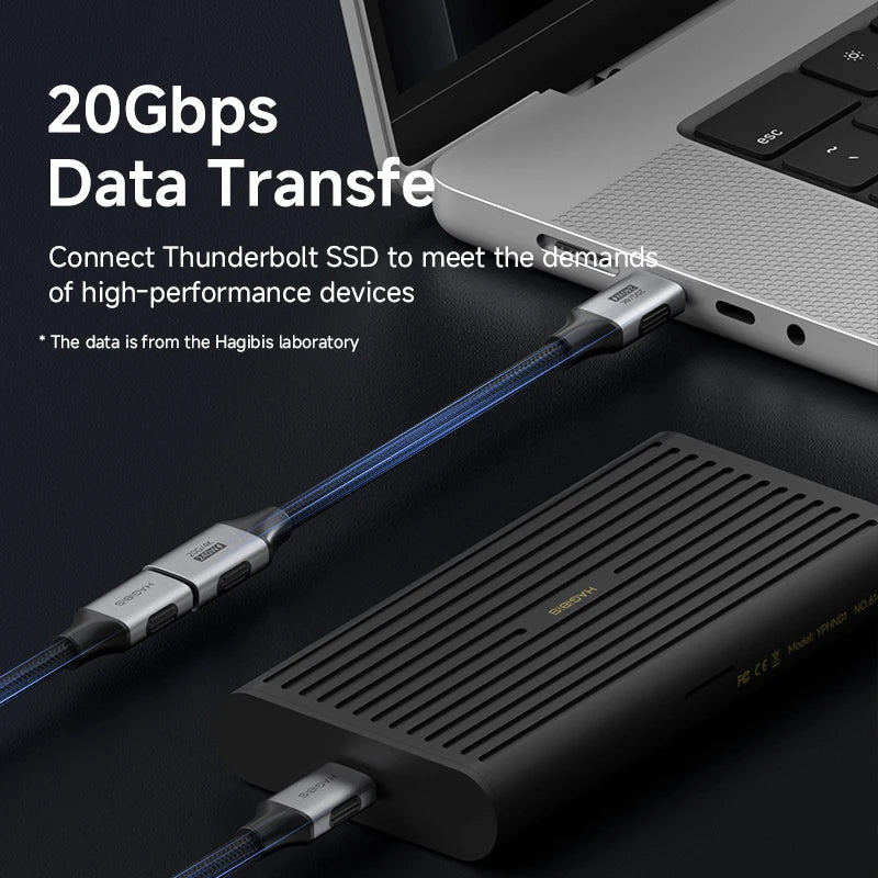 Laptop connected to a Thunderbolt SSD with text highlighting data transfer speed on a dark background.