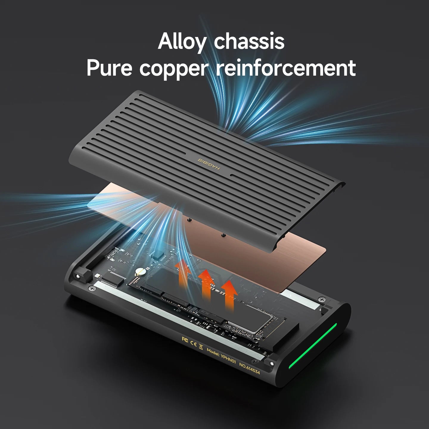 Computer hardware component with cooling system and text 'Alloy chassis Pure copper reinforcement' on a dark background