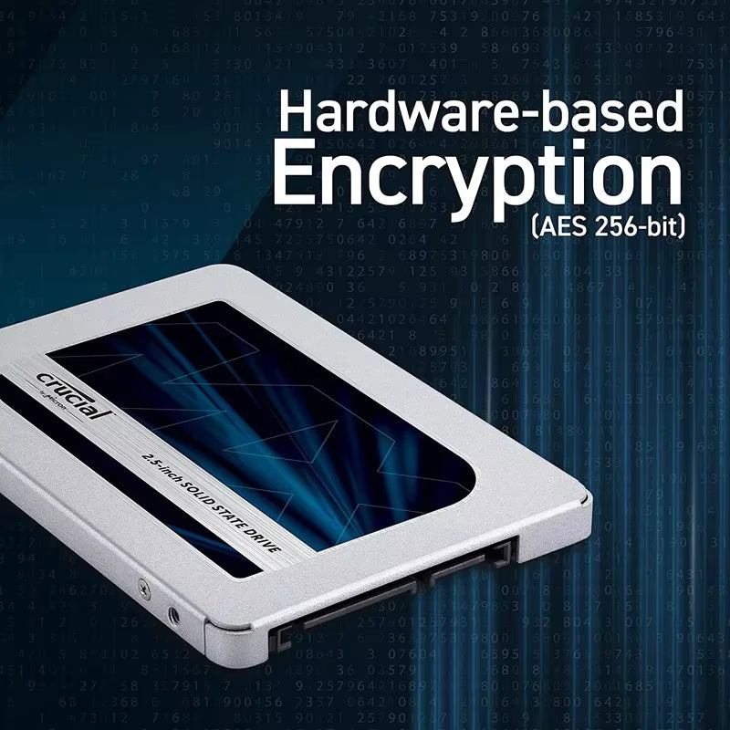 A Crucial 240GB SSD shown at an angle on a dark blue digital background with text reading 'Hardware-based Encryption (AES 256-bit)'.