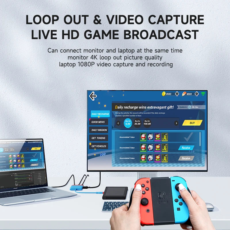 Laptop, monitor, and gaming controller setup with text about loop out and video capture features.