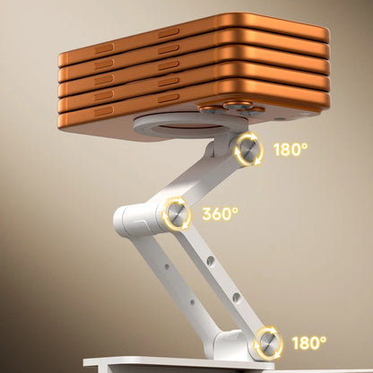 Flexible display stand with adjustable arm on a beige background