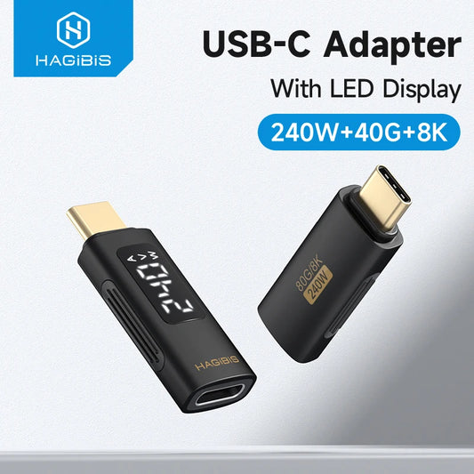 USB-C adapter with LED display by HAGIBIS on a light gray background