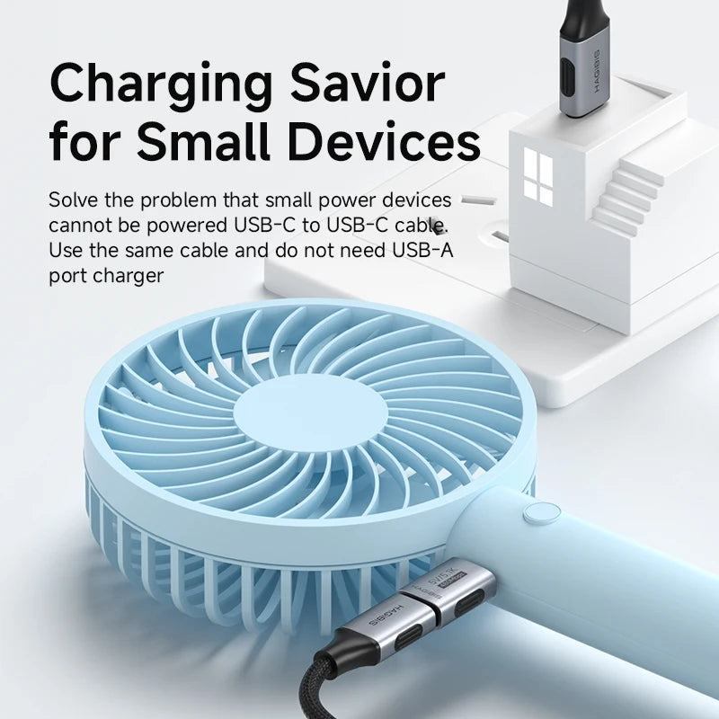 Blue portable fan with USB-C cable on a white background, featuring text about charging small devices.