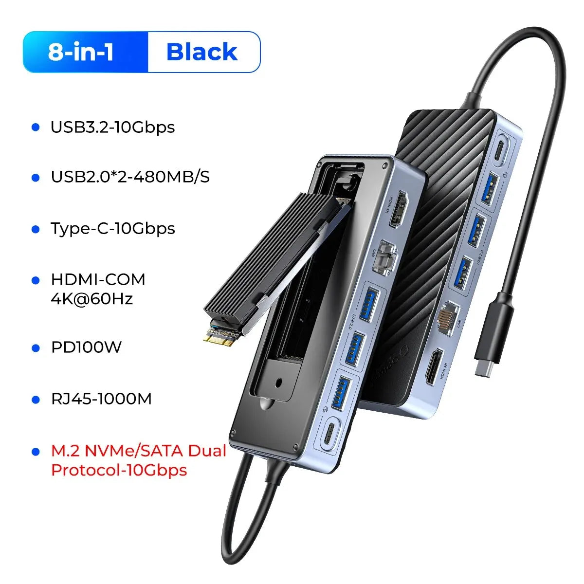 ORICO 8-in-1 USB-C Dock with M.2 NVMe SSD Enclosure