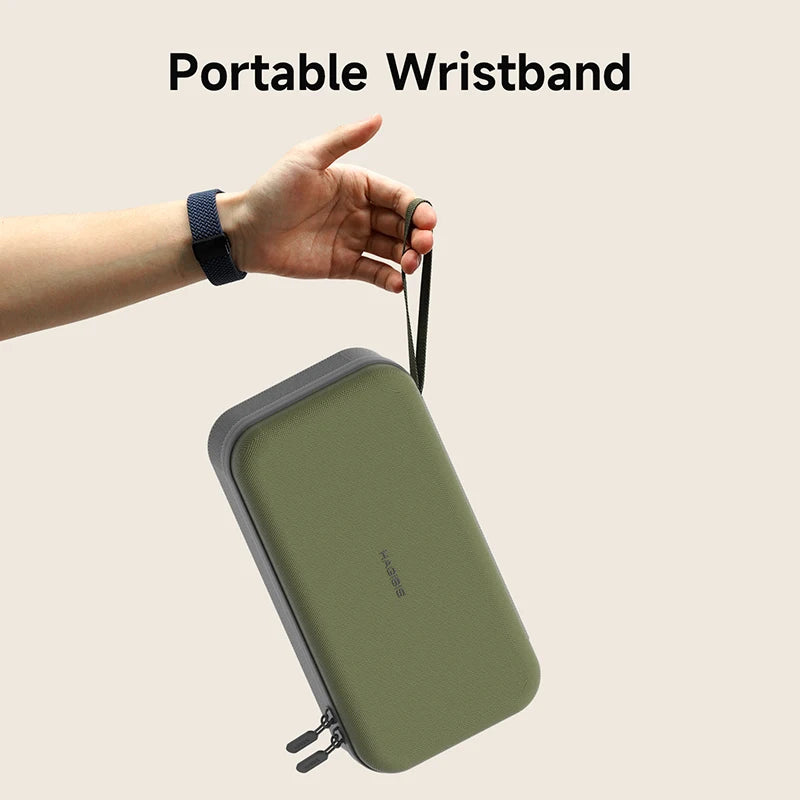 Green travel pouch with a portable wristband on a beige background