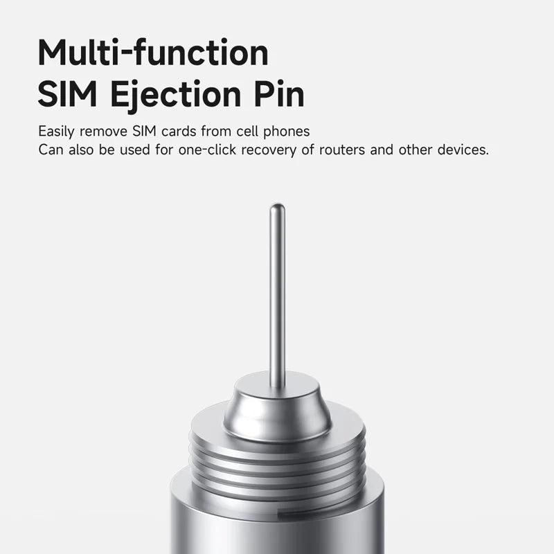 Multi-function SIM ejection pin on a white background with text describing its uses.