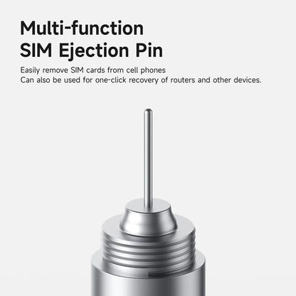 Multi-function SIM ejection pin on a white background with text describing its uses.