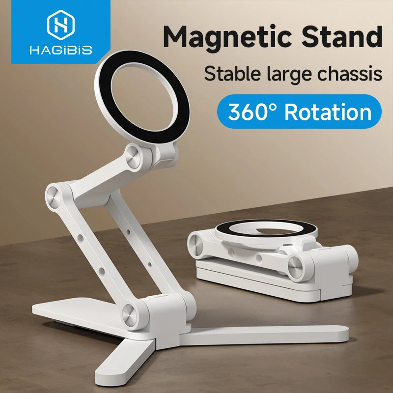White magnetic stand with 360-degree rotation on a brown surface, featuring HAGIBIS branding.