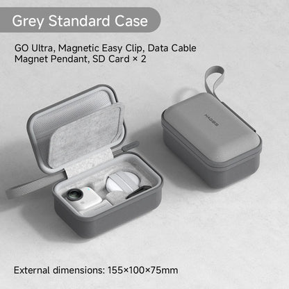 Gray carrying case with electronic devices on a light gray background
