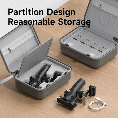 Gray travel case with partition design on a wooden surface