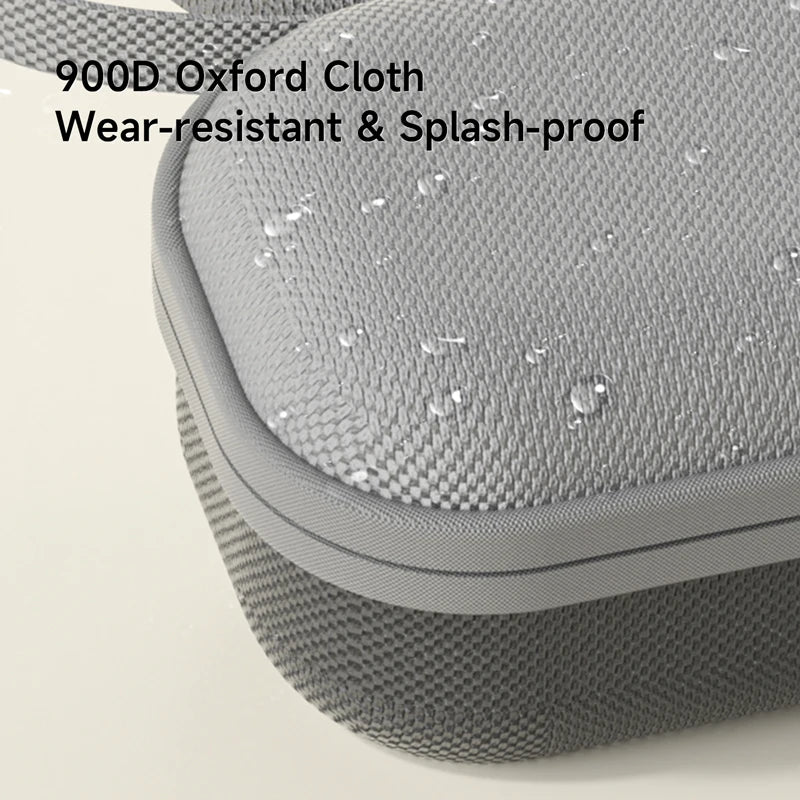 Gray case with 900D Oxford Cloth text and water droplets on a light gray background