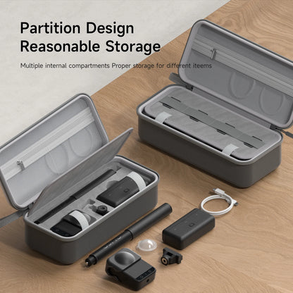Gray storage case with partition design on a wooden surface