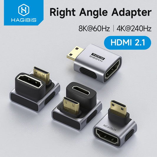 Hagibis right angle HDMI adapter with various connectors on a light gray background