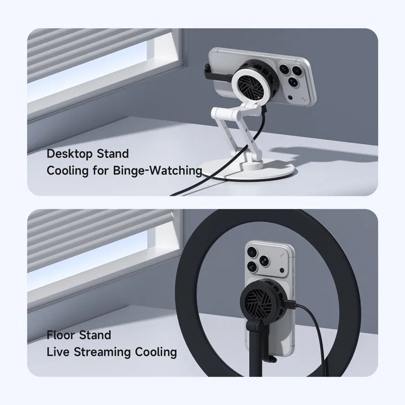 Desktop and floor stand cooling systems for electronic devices with text labels.