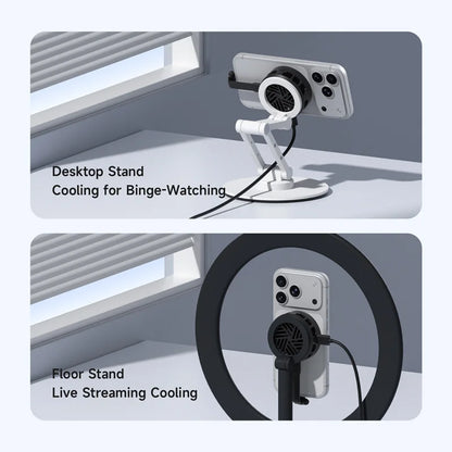 Desktop and floor stand cooling systems for electronic devices with text labels.